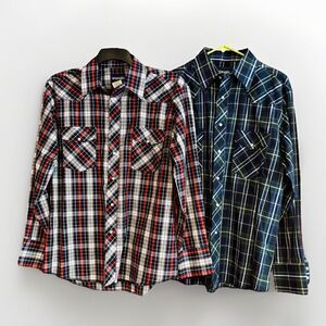 Wrangler Western Shirts Bundle 2 Pearl Snaps Men's Size Large Plaid Red Blue VTG